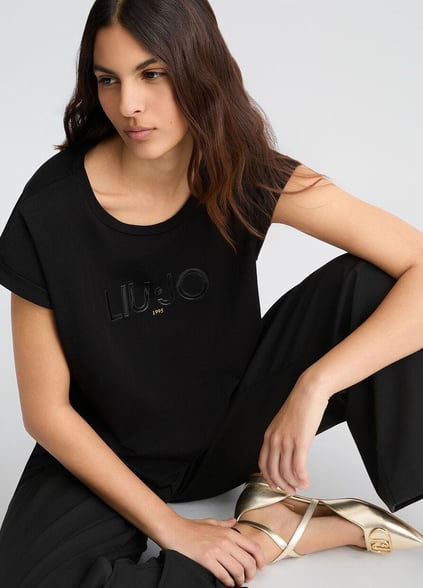 LIU JO Lıu Jo Kadın Pamuklu Regular Fit Yuvarlak Yaka Kısa Kollu Siyah T-Shirt TA5181JS003-W9415