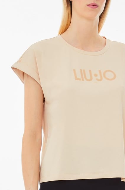 LIU JO Lıu Jo Kadın Pamuklu Regular Fit Yuvarlak Yaka Kısa Kollu Bej T-Shirt TA5181JS003-M9181
