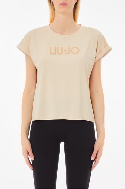 LIU JO Lıu Jo Kadın Pamuklu Regular Fit Yuvarlak Yaka Kısa Kollu Bej T-Shirt TA5181JS003-M9181