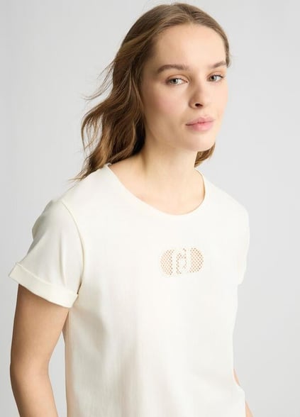 LIU JO Lıu Jo Kadın Regular Fit %100 Pamuklu Göğsü Logolu Yuvarlak Yaka Kısa Kollu Ekru T-Shirt TA5180JS923-M9248
