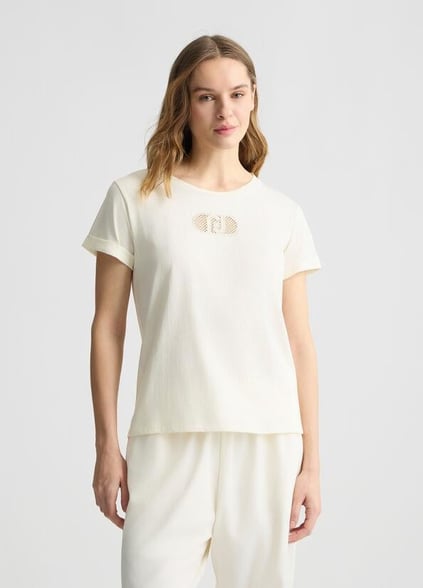 LIU JO Lıu Jo Kadın Regular Fit %100 Pamuklu Göğsü Logolu Yuvarlak Yaka Kısa Kollu Ekru T-Shirt TA5180JS923-M9248