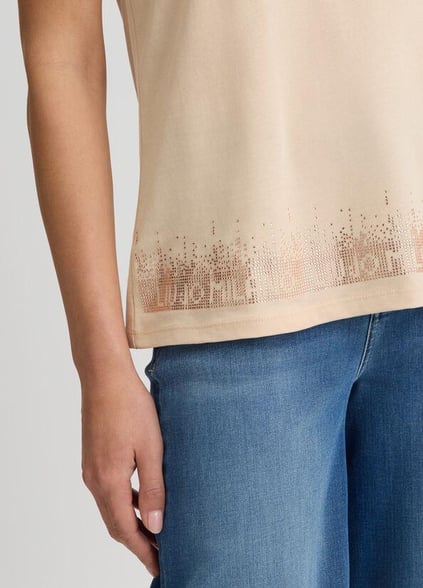 LIU JO Lıu Jo Kadın Regular Fit %100 Pamuklu Göğsü Logolu Yuvarlak Yaka Kısa Kollu Bej T-Shirt TA5180JS923-M9250