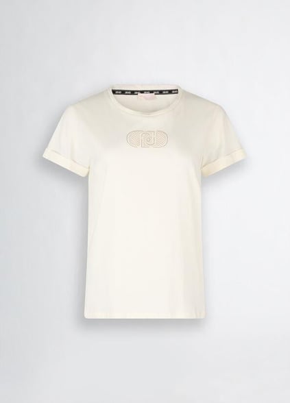 LIU JO Lıu Jo Kadın Regular Fit %100 Pamuklu Göğsü Logolu Yuvarlak Yaka Kısa Kollu Ekru T-Shirt TA5180JS923-M9248