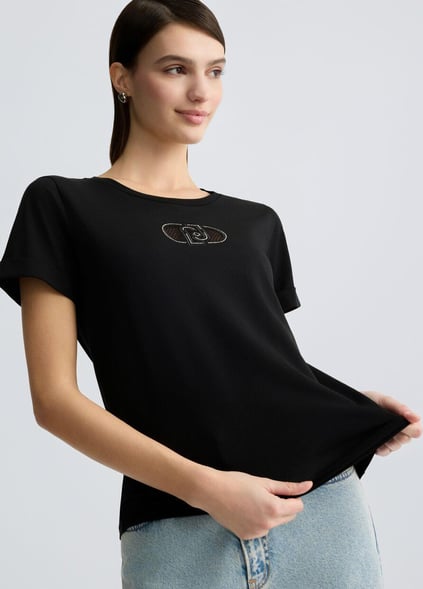 LIU JO Lıu Jo Kadın Regular Fit %100 Pamuklu Göğsü Logolu Yuvarlak Yaka Kısa Kollu Siyah T-Shirt TA5180JS923-M9308