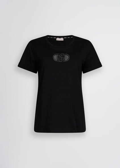 LIU JO Lıu Jo Kadın Regular Fit %100 Pamuklu Göğsü Logolu Yuvarlak Yaka Kısa Kollu Siyah T-Shirt TA5180JS923-M9308