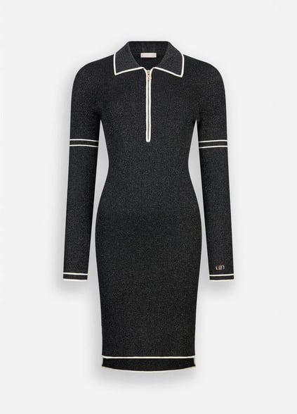 LIU JO Lıu Jo Kadın Slim Fit Yarım Fermuarlı Polo Yaka Uzun Kollu Örme Siyah Elbise TF5028MS49I-A4345
