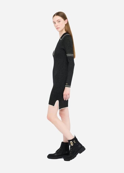 LIU JO Lıu Jo Kadın Slim Fit Yarım Fermuarlı Polo Yaka Uzun Kollu Örme Siyah Elbise TF5028MS49I-A4345