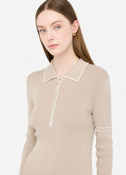 LIU JO Lıu Jo Kadın Slim Fit Yarım Fermuarlı Polo Yaka Uzun Kollu Örme Bej Elbise TF5028MS49I-A4344