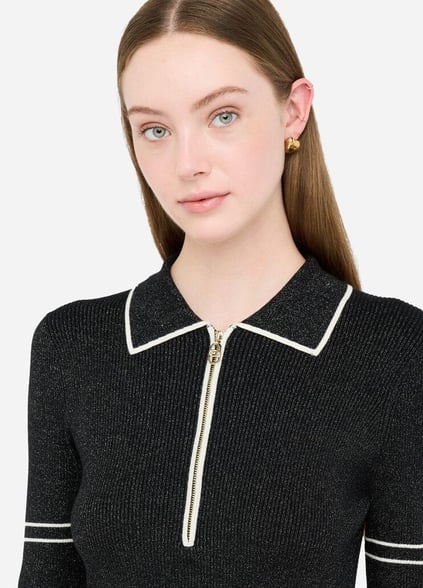 LIU JO Lıu Jo Kadın Slim Fit Yarım Fermuarlı Polo Yaka Uzun Kollu Örme Siyah Elbise TF5028MS49I-A4345
