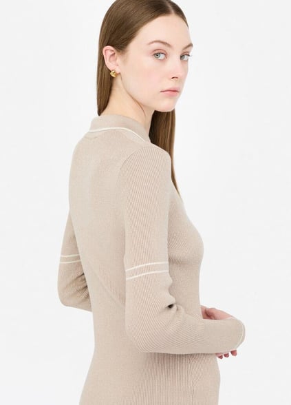 LIU JO Lıu Jo Kadın Slim Fit Yarım Fermuarlı Polo Yaka Uzun Kollu Örme Bej Elbise TF5028MS49I-A4344