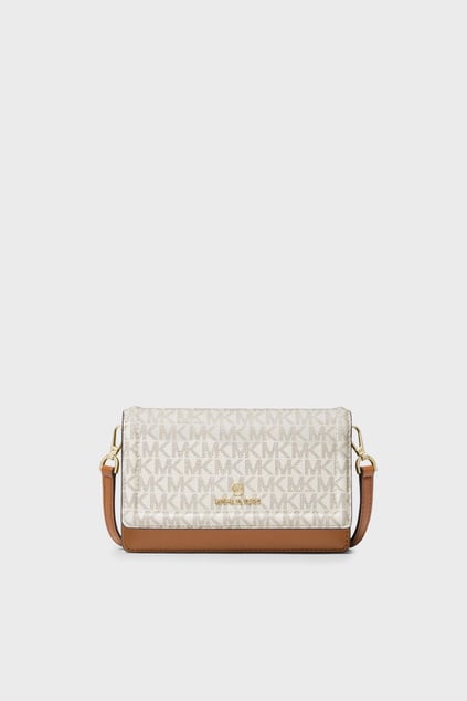 Michael Kors Michael Kors Kadın Metalik Kabartmalı Logo Desenli Kart Bölmeli Çıtçıt Kapamalı Fermuar Cepli %100 Deri Bej Omuz Çantası 32S1GT9C2B-VNLSFTPNK