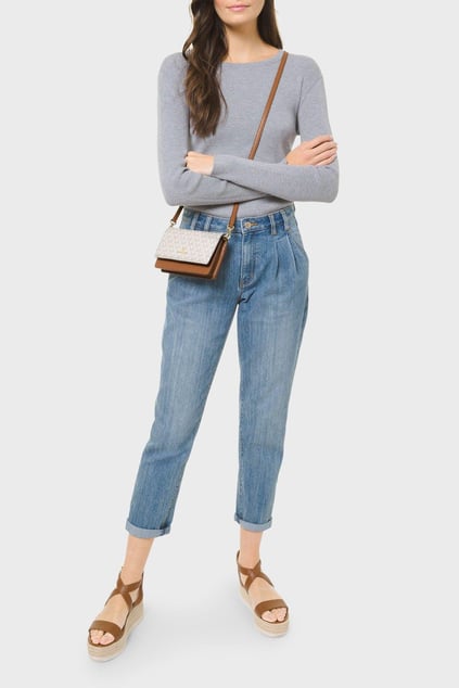 Michael Kors Michael Kors Kadın Metalik Kabartmalı Logo Desenli Kart Bölmeli Çıtçıt Kapamalı Fermuar Cepli %100 Deri Bej Omuz Çantası 32S1GT9C2B-VNLSFTPNK