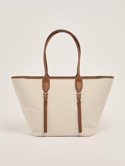 Michael Kors Michael Kors Kadın Pamuklu Kanvas Tote Deri Sap Bej Omuz Çantası 30S5G9OT7C-LUGGAGE