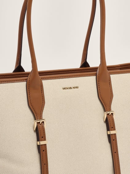 Michael Kors Michael Kors Kadın Pamuklu Kanvas Tote Deri Sap Bej Omuz Çantası 30S5G9OT7C-LUGGAGE