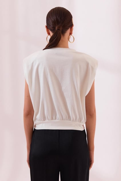 Naar Naar Kadın Regular Fit Yuvarlak Yaka %100 Pamuklu Beli Lastikli Kolsuz Ekru T-Shirt NAAR12334-EKRU