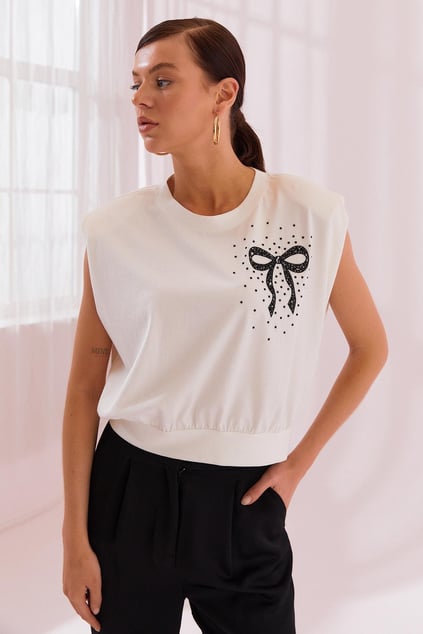 Naar Naar Kadın Regular Fit Yuvarlak Yaka %100 Pamuklu Beli Lastikli Kolsuz Ekru T-Shirt NAAR12334-EKRU