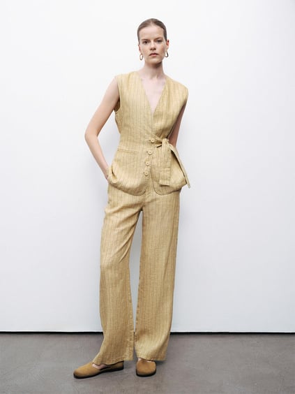 Nocturne Nocturne Kadın Rahat Kalıp Çizgi Desenli Bol Paça Sarı Pantolon N25YN3363-VARYANT