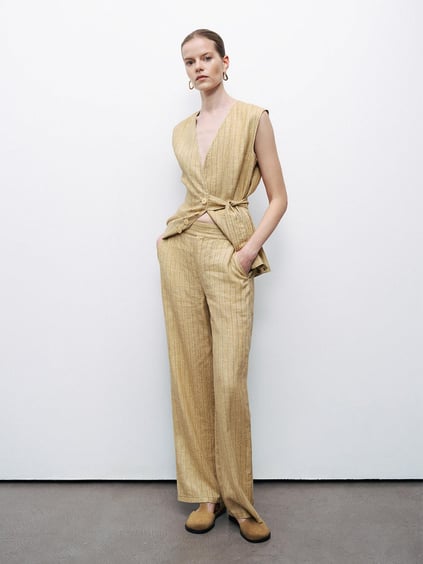 Nocturne Nocturne Kadın Rahat Kalıp Çizgi Desenli Bol Paça Sarı Pantolon N25YN3363-VARYANT