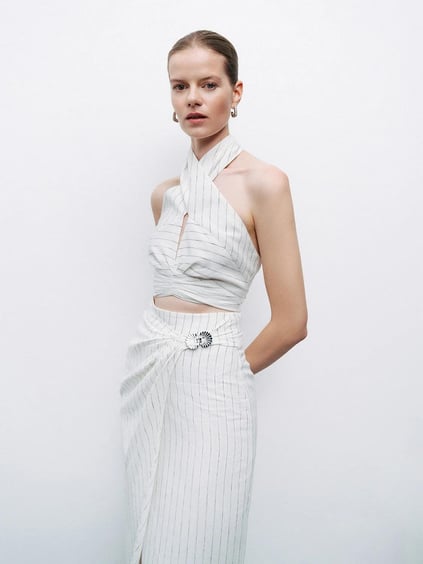 Nocturune Nocturune Kadın Boyundan Bağlamalı Beli Lastikli Crop Ekru Crop N25YN15195-VARYANT