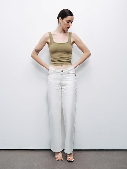 Nocturune Nocturune Kadın Dokuma Kumaş Dar Kesim Crop Haki Atlet N25YD15202-HAKİ