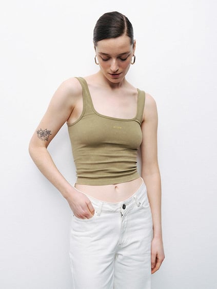 Nocturune Nocturune Kadın Dokuma Kumaş Dar Kesim Crop Haki Atlet N25YD15202-HAKİ