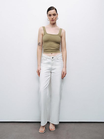 Nocturune Nocturune Kadın Dokuma Kumaş Dar Kesim Crop Haki Atlet N25YD15202-HAKİ
