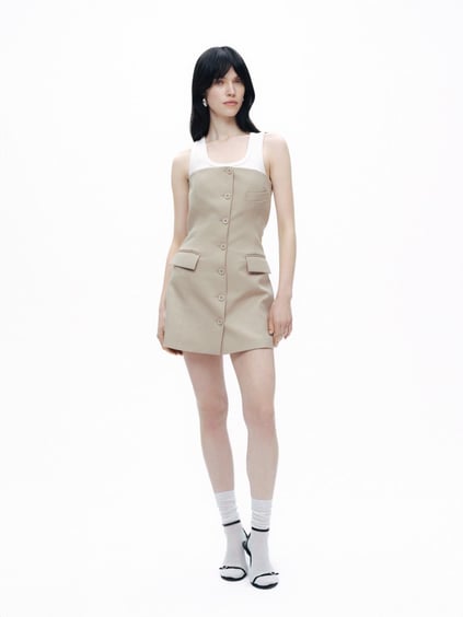 Nocturune Nocturune Kadın Düğme Kapamalı Cep Detaylı Straplez Mini Bej Elbise N25YN2527-BEJ