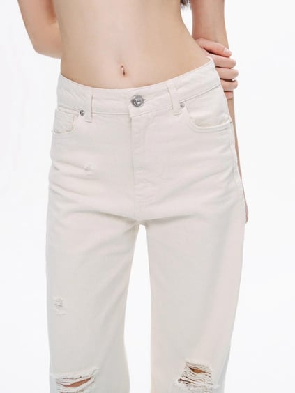 Nocturune Nocturune Kadın Regular Fit Normal Bel Yırtmaç Detaylı Geniş Paça Ekru Jeans N25YD18143-EKRU