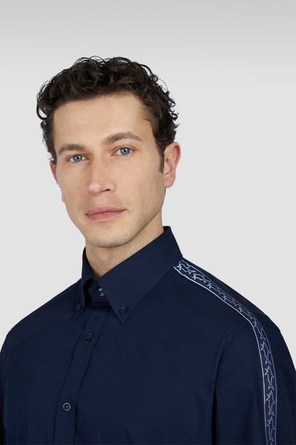 Paul Shark Paul Shark Erkek %100 Pamuk Normal Kesim Kolları Şark Logo Şeritli Uzun Kollu Lacivert Gömlek 25413507-013