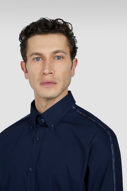 Paul Shark Paul Shark Erkek %100 Pamuklu Normal Kesim Kolları Şerit Logolu Uzun Kollu Lacivert Gömlek 25413510-013