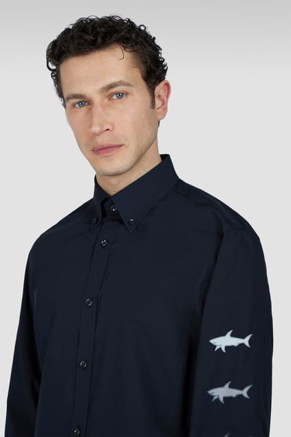 Paul Shark Paul Shark Erkek %100 Pamuklu Normal Kesim Kolu Baskılı Uzun Kollu Siyah Gömlek 25413538-011