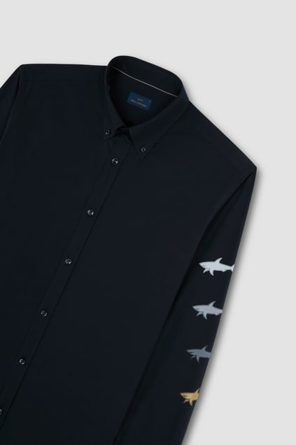Paul Shark Paul Shark Erkek %100 Pamuklu Normal Kesim Kolu Baskılı Uzun Kollu Siyah Gömlek 25413538-011