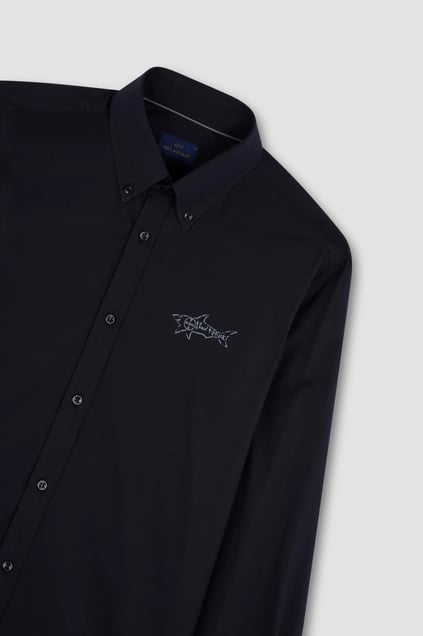 Paul Shark Paul Shark Erkek Dar Kesim Sırtta Shark Baskılı Pamuklu Uzun Kollu Siyah Gömlek 25413517-011