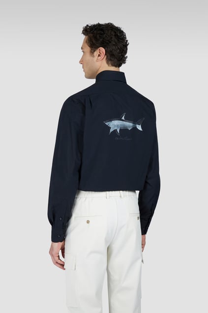 Paul Shark Paul Shark Erkek Dar Kesim Sırtta Shark Baskılı Pamuklu Uzun Kollu Siyah Gömlek 25413517-011