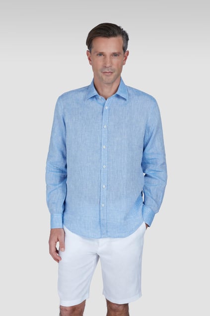 Paul Shark Paul Shark Erkek Normal Kalıp %100 Keten Düz Uzun Kollu Mavi Gömlek 25413006CF-080
