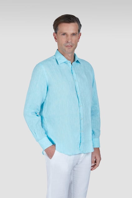 Paul Shark Paul Shark Erkek Normal Kalıp %100 Keten Düz Uzun Kollu Açık Mavi Gömlek 25413006CF-524