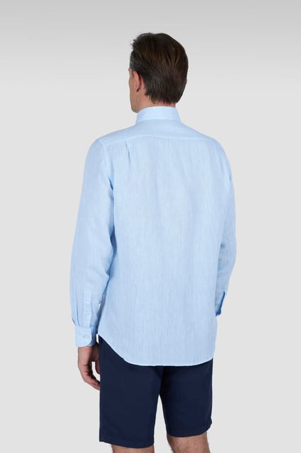 Paul Shark Paul Shark Erkek Normal Kalıp %100 Keten Düz Uzun Kollu Mavi Gömlek 25413006CF-364