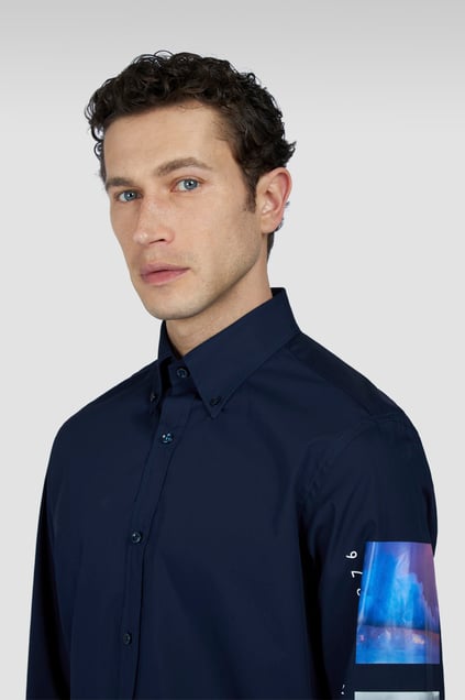 Paul Shark Paul Shark Erkek Normal Kesim %100 Pamuklu Kolu Baskılı Uzun Kollu Lacivert Gömlek 25413531-013