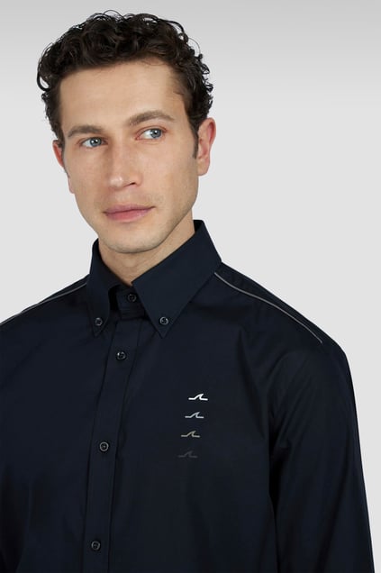 Paul Shark Paul Shark Erkek Omzu Şerit Çizgi Detaylı %100 Pamuklu Normal Kesim Göğsünde Yüzgeç Baskılı Uzun Kollu Siyah Gömlek 25413516-011