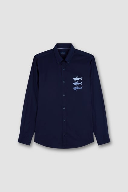 Paul Shark Paul Shark Erkek Regular Fit Göğsü Shark Logolu Pamuklu Uzun Kollu Lacivert Gömlek 25413503-013
