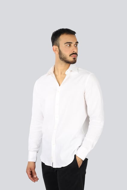 Paul Shark Paul Shark Erkek Regular Fit Pamuklu Kesik Yaka Uzun Kollu Beyaz Gömlek 25413012CF-010