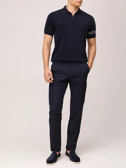 Paul Shark Paul Shark Erkek Regular Fit Yarım Fermuarlı Kolları Çizgi Desenli Kısa Kollu Lacivert-Beyaz Polo Yaka T-Shirt 25411645A-318