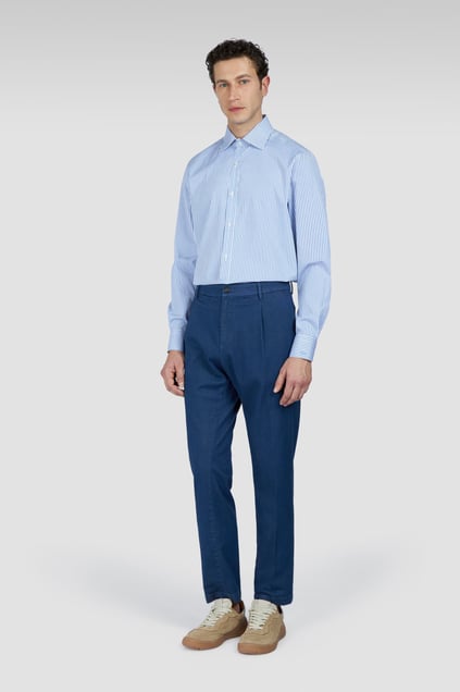 Paul Shark Paul Shark Erkek Slim Fit Çizgi Desenli Pamuklu Uzun Kollu Mavi Gömlek 25413060CF-V05