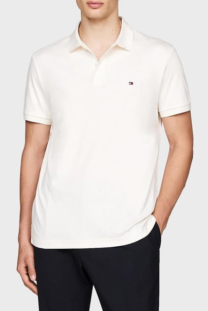 TOMMY HILFIGER Tommy Hilfiger Erkek Dokuma Polo Yaka Kısa Kol Günlük Beyaz Polo Yaka T-Shirt MW0MW35585-YBR