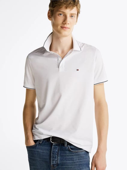 TOMMY HILFIGER Tommy Hilfiger Erkek Göğüste Tommy Hilfiger Bayrak İşlemesi Beyaz Polo Yaka T-Shirt MW0MW37310-YBR