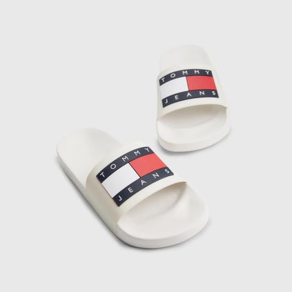 Tommy Hilfiger Tommy Hilfiger Erkek Logolu Suni Deri Günlük Kullanım Ekru Terlik EM0EM01191-TCR