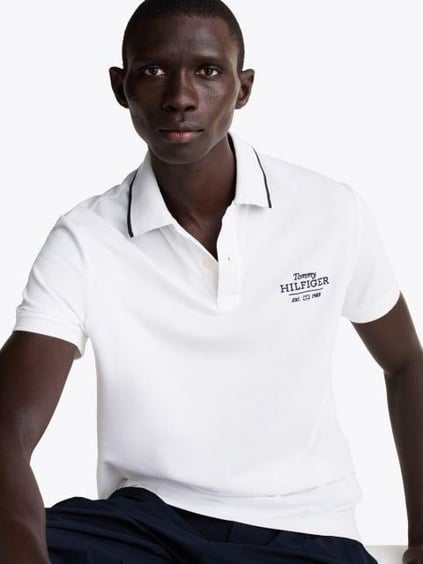 TOMMY HILFIGER Tommy Hilfiger Erkek Organik Pamuk Kumaş Şeritli Polo Yaka Kısa Kollu Beyaz Polo Yaka T-Shirt MW0MW37519-YBR