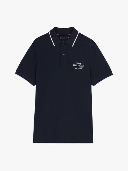 TOMMY HILFIGER Tommy Hilfiger Erkek Organik Pamuk Kumaş Şeritli Polo Yaka Kısa Kollu Lacivert Polo Yaka T-Shirt MW0MW37519-DW5