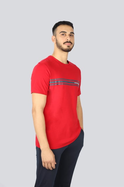 TOMMY HILFIGER Tommy Hilfiger Erkek Pamuklu Kısa Kollu Yuvarlak Yaka Önü Şerit Çizgili Kırmızı T-Shirt MW0MW37443-XLD