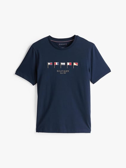 TOMMY HILFIGER Tommy Hilfiger Erkek Regular Fit Bayrak Logo İşlemeli Pamuklu Kısa Kollu Lacivert T-Shirt MW0MW38616-DW5